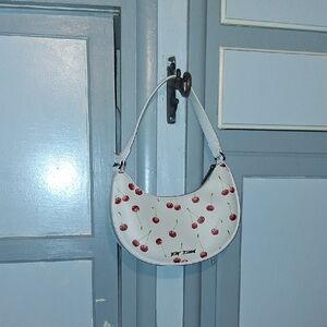 Betsey Johnson White Cherry-Print Crescent Mini Bag